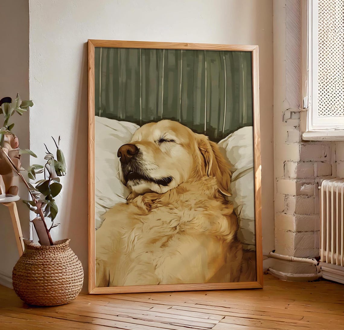 Sleeping Golden Retriever Close-Up on White Bedding Portrait Poster