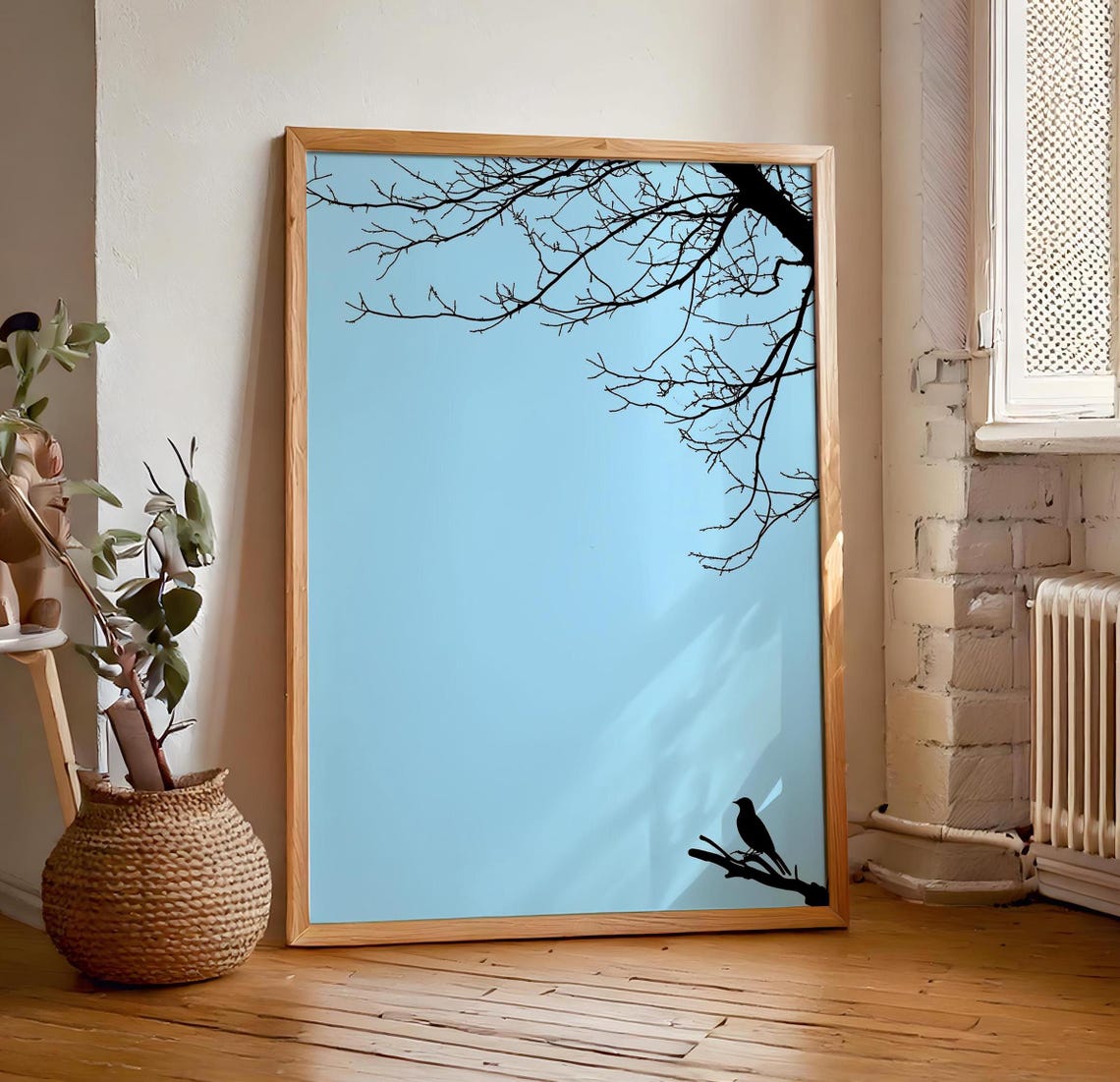 Black Bird Silhouette Bare Branch Light Blue Sky Minimal Poster