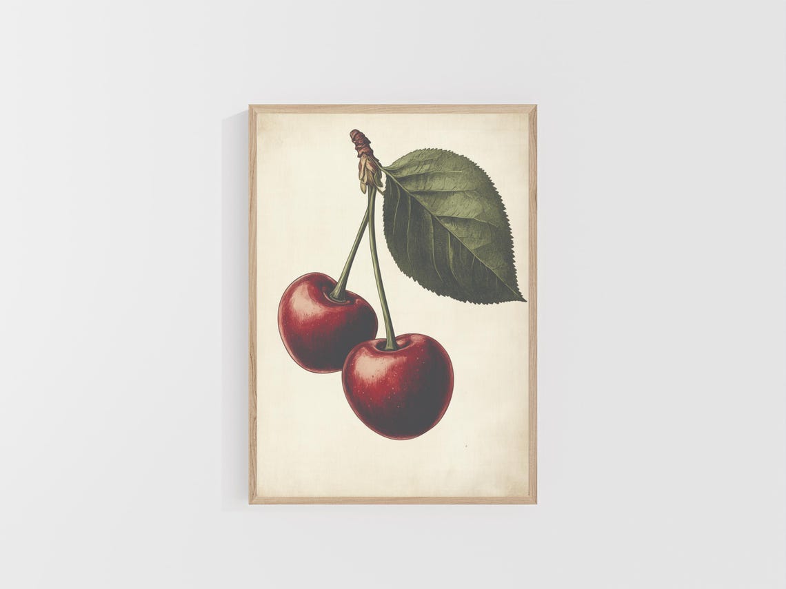 Botanical Two Cherries With Green Leaf Vintage Style Art Poster - Image 5