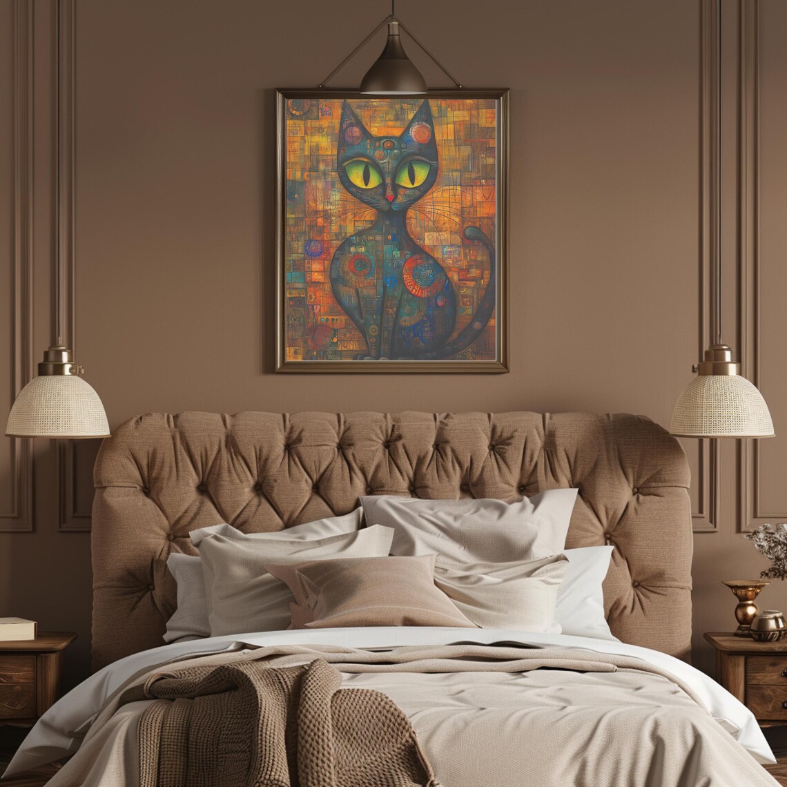 Black Mosaic Cat with Big Green Eyes Whimsical Pop Art Poster - Image 4