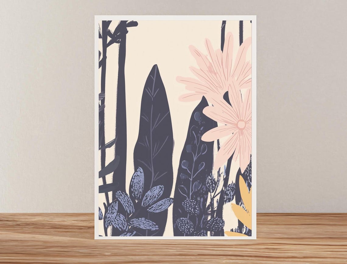 Dark Navy Botanical Leaves with Soft Pink Bloom Modern Floral Poster