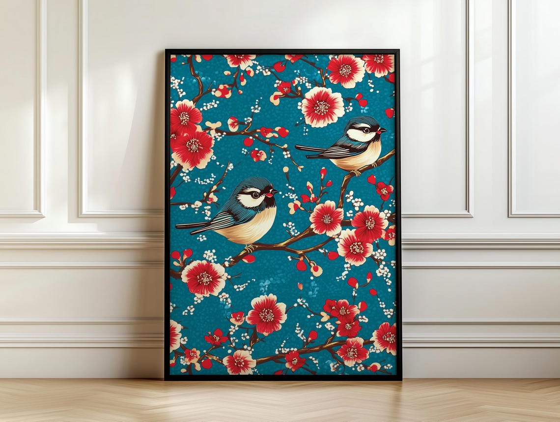 Two Songbirds On Red Blossom Branches Teal Chinoiserie Poster - Image 7
