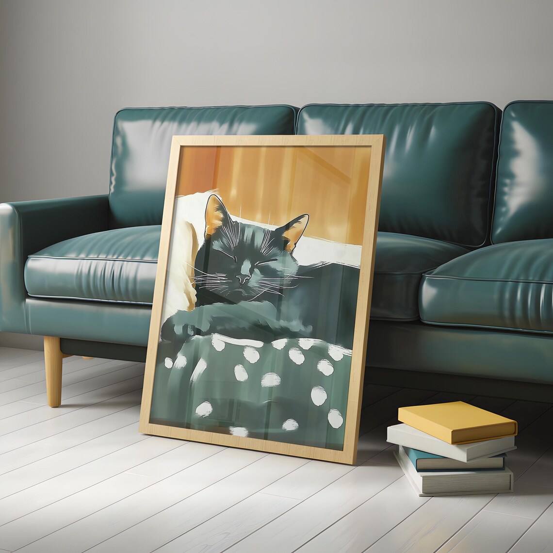Sleeping Black Cat Under Polka Dot Blanket Golden Glow Poster - Image 4