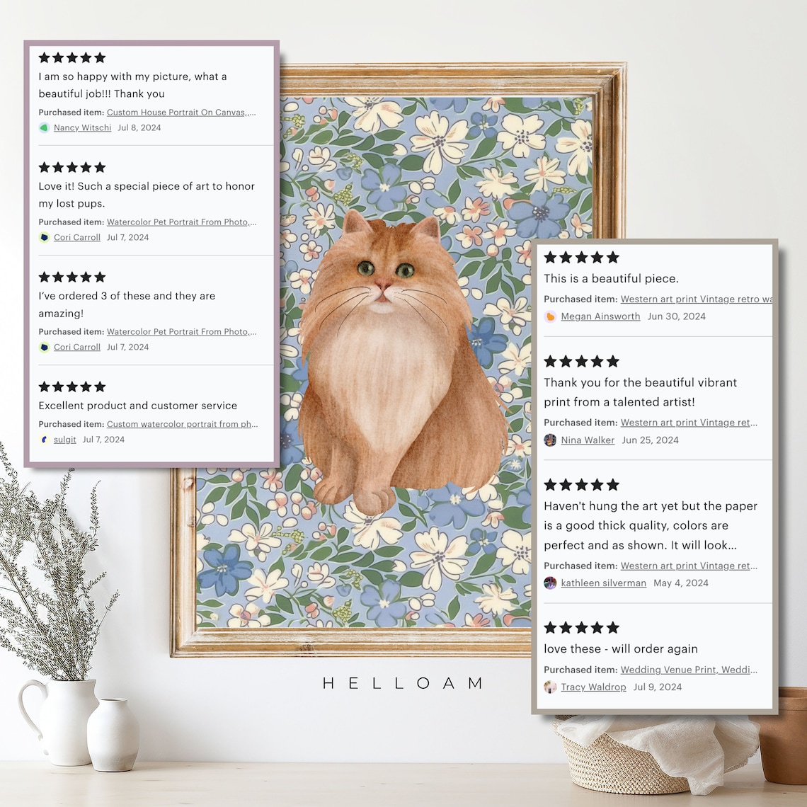 Ginger Longhair Cat Blue Floral Wallpaper Cute Nursery Wall Poster - Image 4