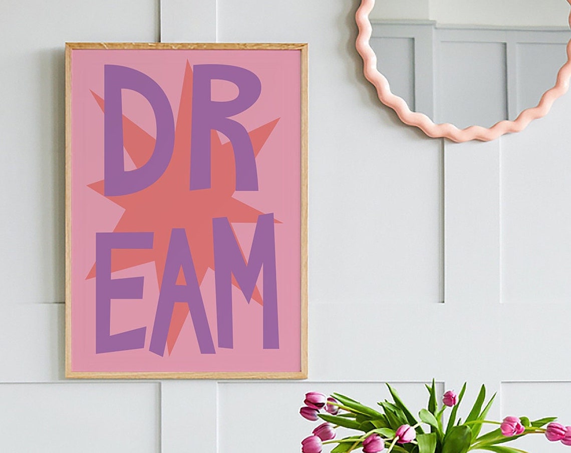 Dream Typography Purple Letters Pink Starburst Inspirational Poster