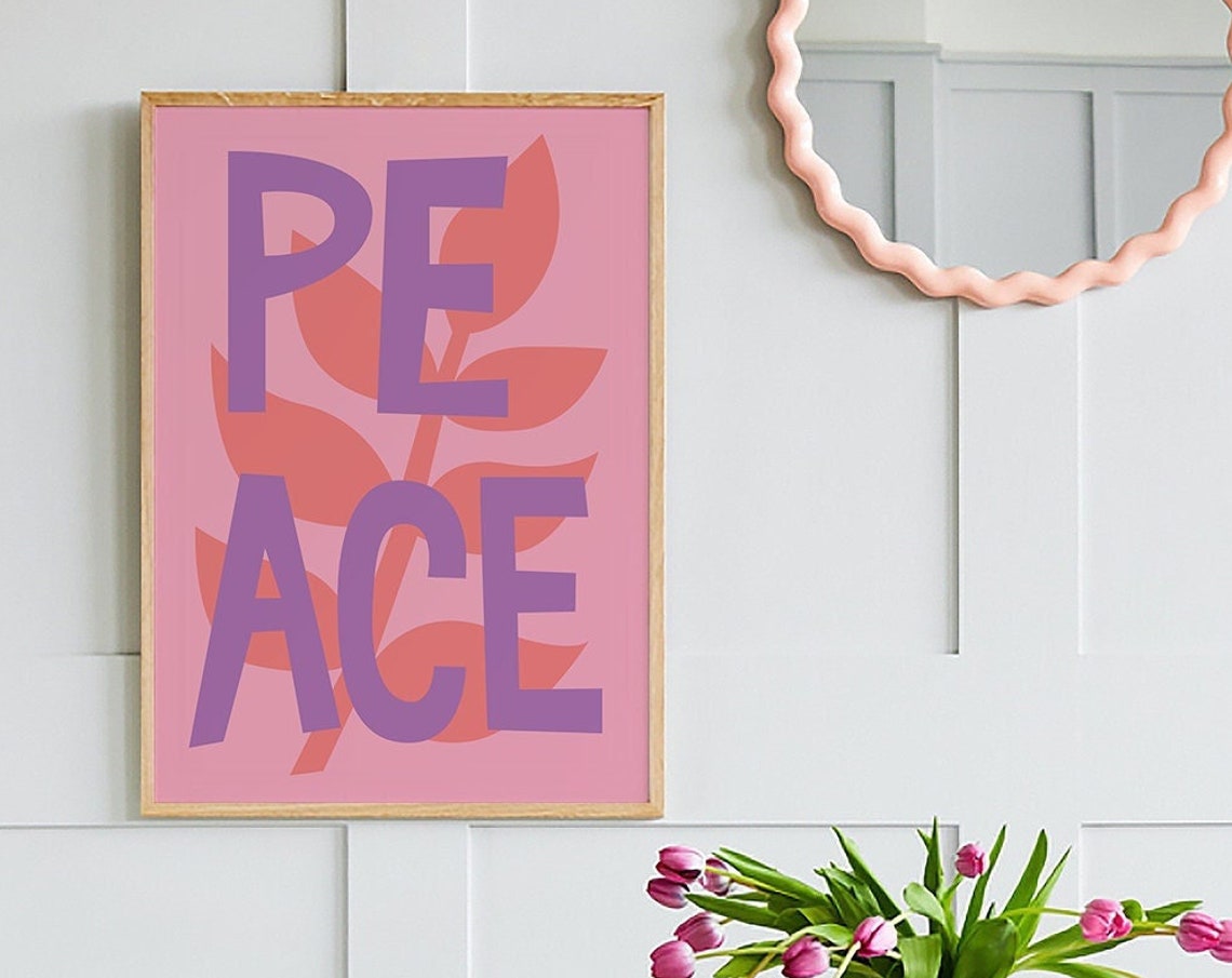 Peace Typography Purple Letters Pink Floral Inspirational Poster