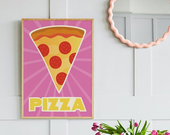 Pizza Print Art Pink Kitchen Decor Retro Pizza Poster Cute Food Kitchen Art