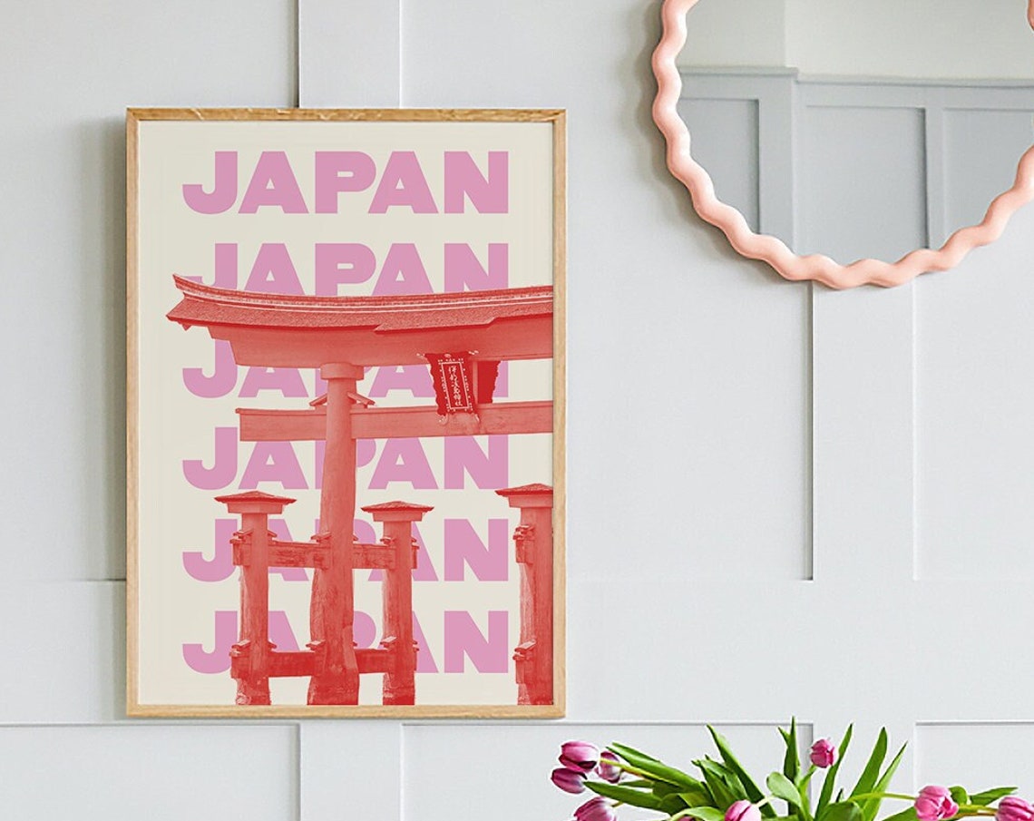 Japan Red Torii Gate Poster with Pink Repeated Typography Travel Art