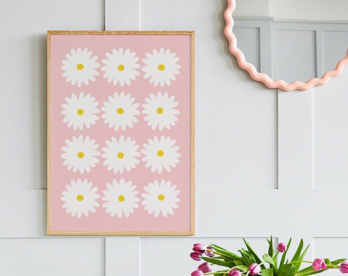 Pink Daisy Grid Poster with Twelve White Retro Flower Heads Art