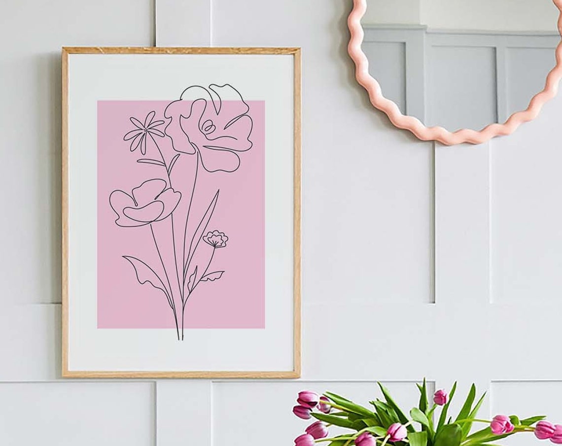 Pink Minimalist Flower Line Art Black Botanical Modern Wall Poster