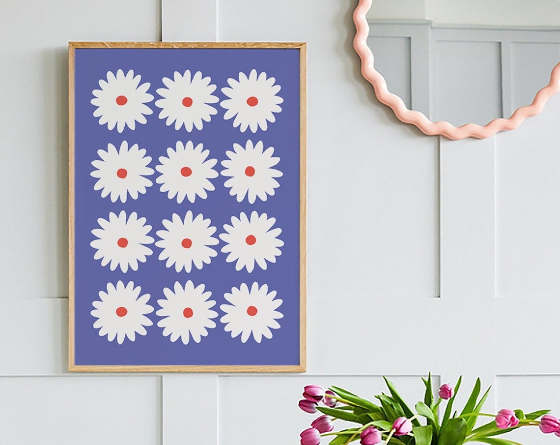 White Daisy Grid Bold Purple Background Retro Floral Art Poster
