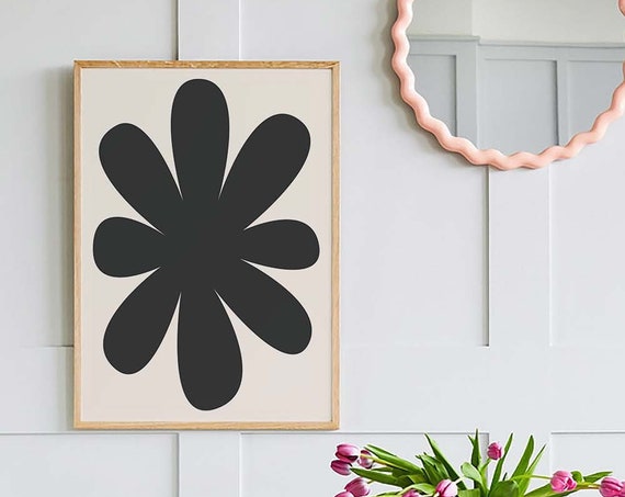 Black Floral Abstract Print Art Neutral Retro Art Cute Trendy Wall Art Minimal Flower Art Print