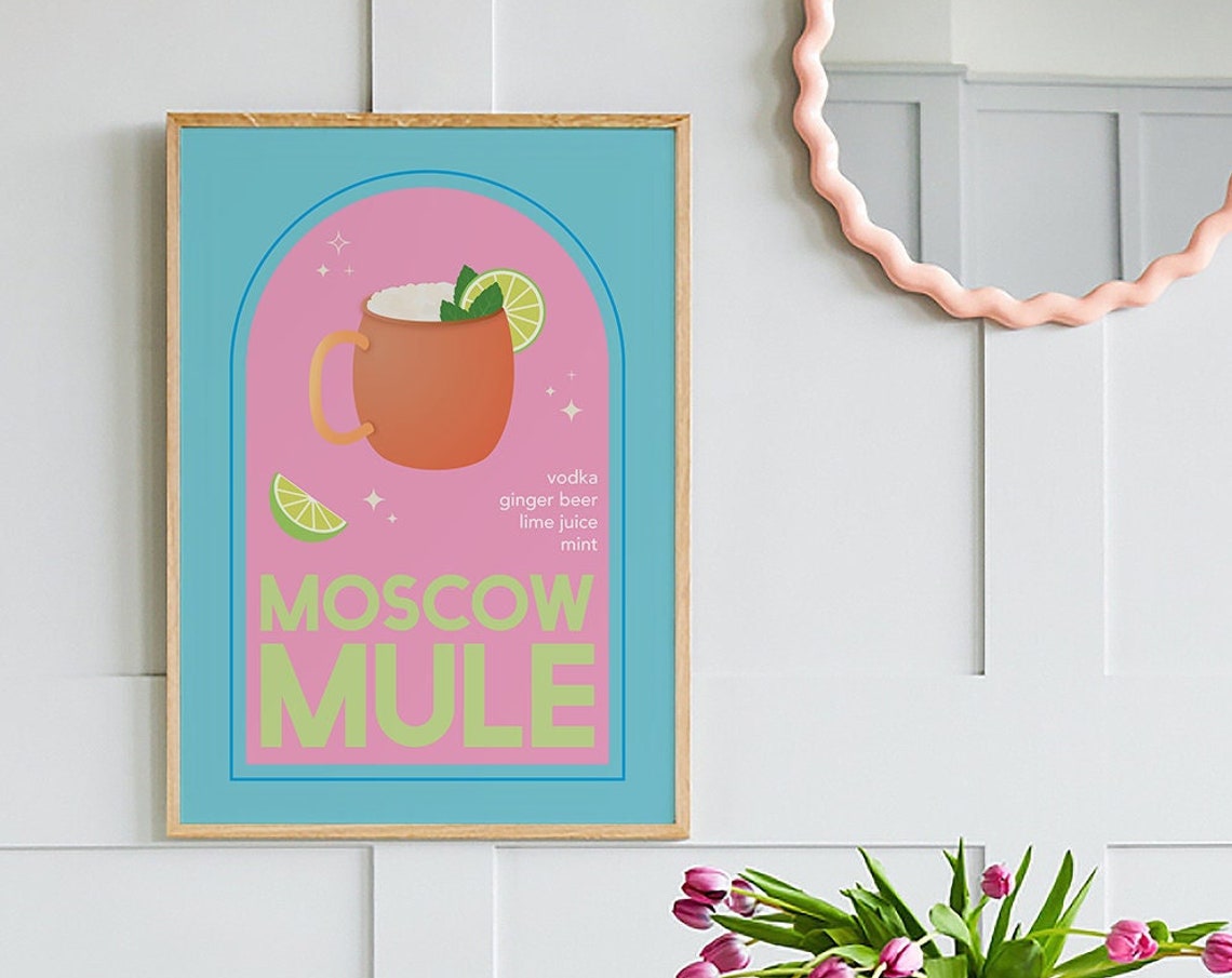 Moscow Mule Cocktail Recipe Copper Mug Pink Retro Kitchen Poster