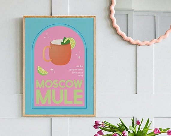 Moscow Mule Cocktail Print Art Cute Blue Pink Vodka Ginger Beer Cocktail Bar Art