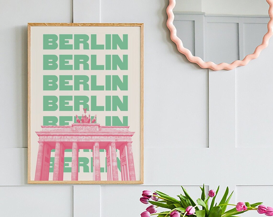 Berlin Brandenburg Gate Pink Green Typography Travel Art Poster
