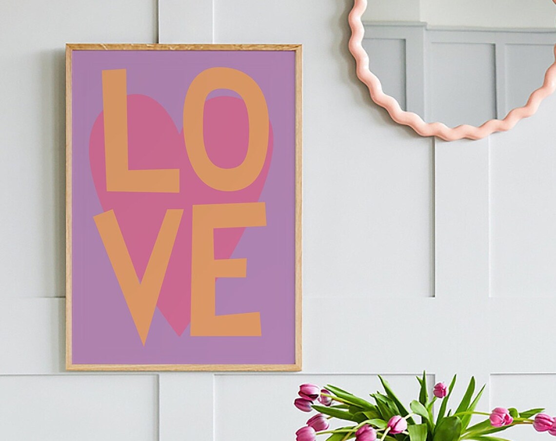 Love Typography Orange Letters Pink Heart Inspirational Art Poster