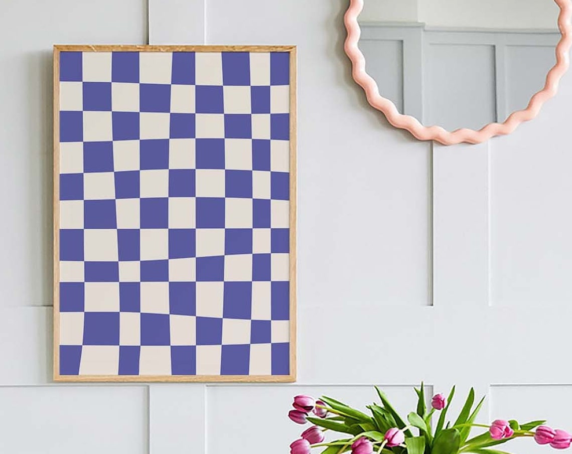 Blue And White Abstract Print Art Trendy Checkered Print 70s Retro Art Cute Trendy Wall Art