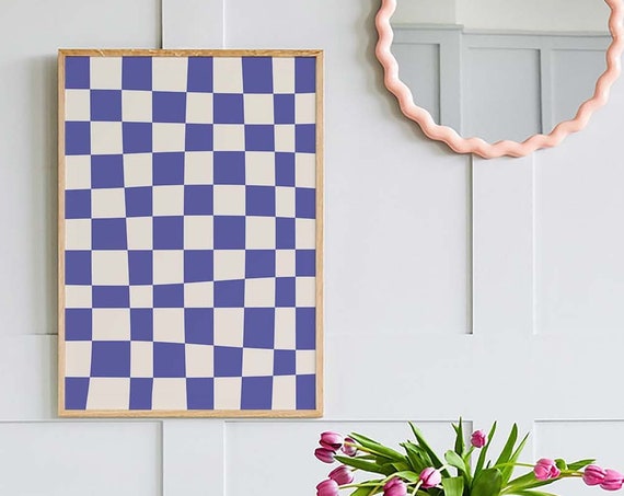 Blue And White Abstract Print Art Trendy Checkered Print 70s Retro Art Cute Trendy Wall Art