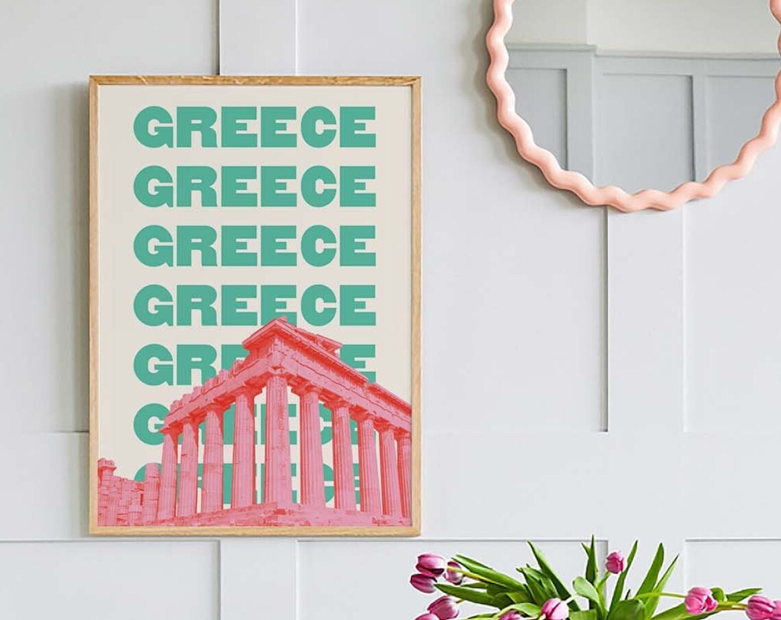 Greece Parthenon Pink Teal Bold Retro Travel Typography Poster