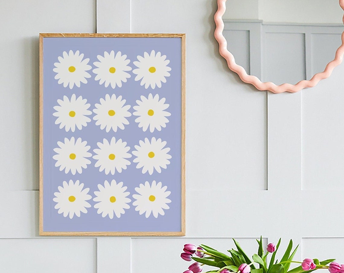 Lavender Daisy Grid Poster with Twelve White Retro Flower Heads