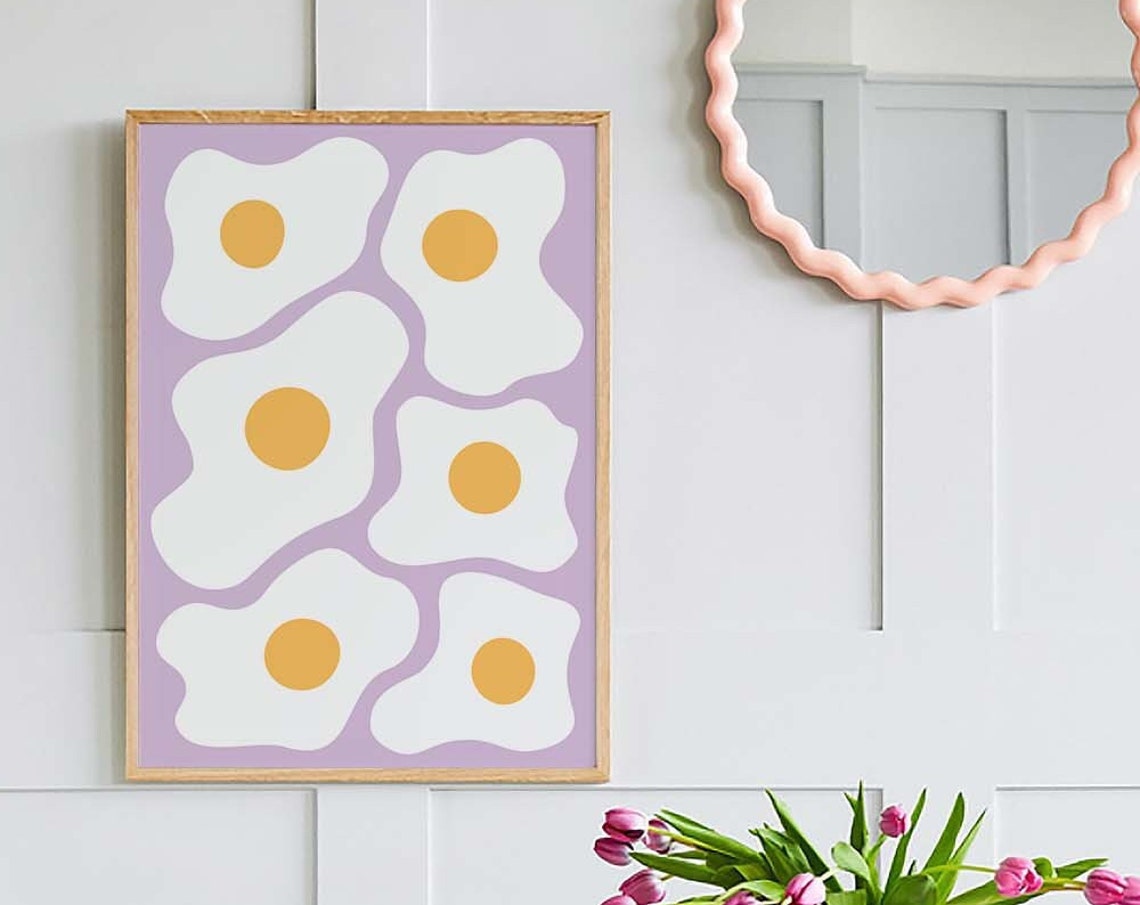 Eggs Print Art Purple Kitchen Food Decor Retro Breakfast Art Poster Cute Trendy Wall Art