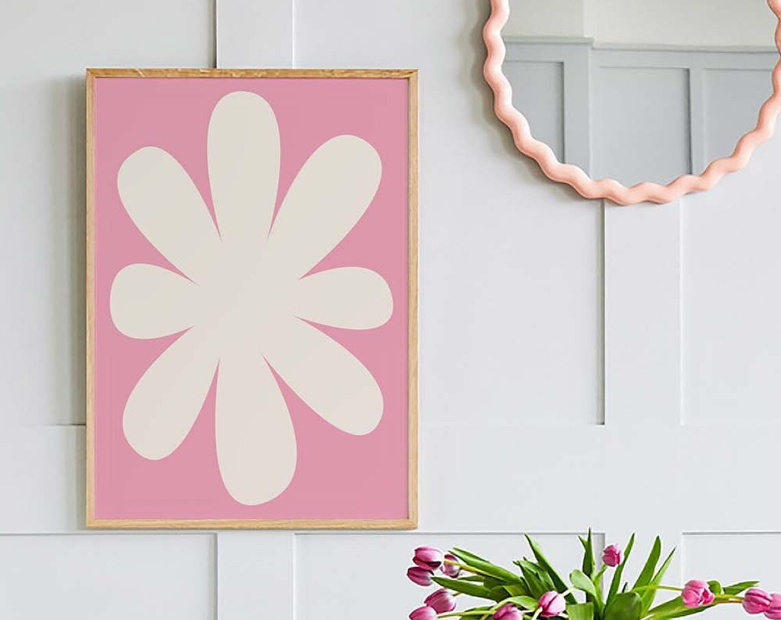Minimal White Daisy Pink Background Retro Floral Wall Poster