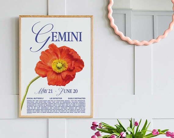 Gemini Zodiac Sign Poppy Flower Retro Astrology Star Sign Personality Poster