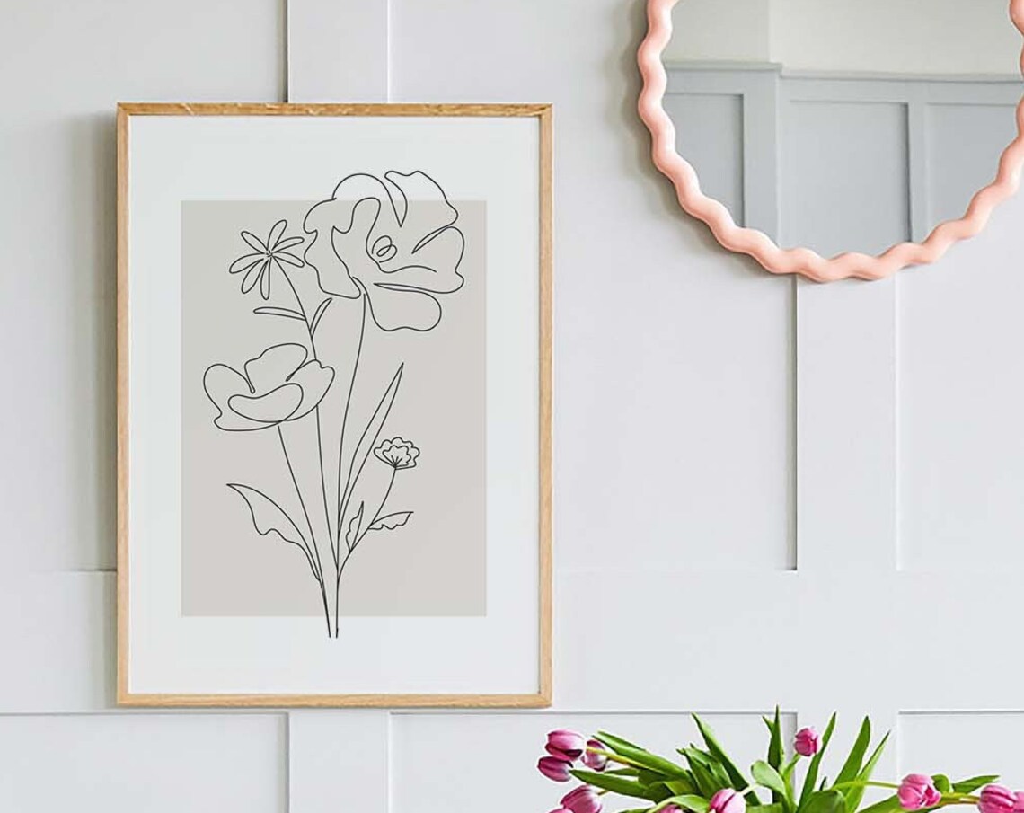 Neutral Line Art Poppy Flowers Beige Minimalist Floral Decor Poster