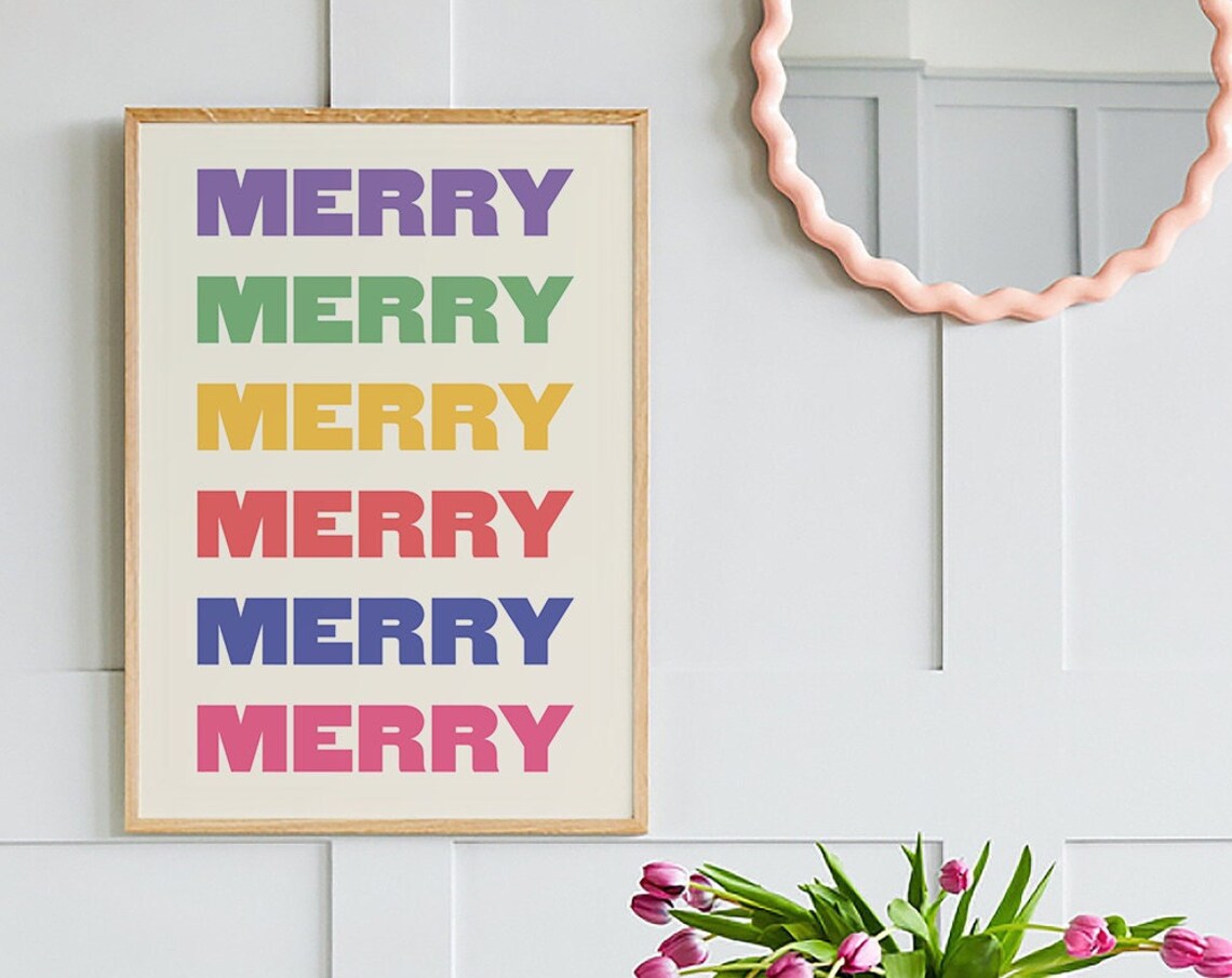 Merry Christmas Repeated Colorful Retro Typography Art Poster