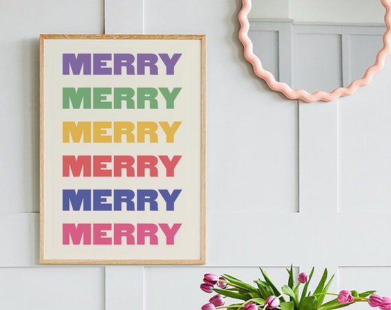 Colorful Merry Christmas Print Art Colorful Christmas Decor Cute Holiday Wall Art
