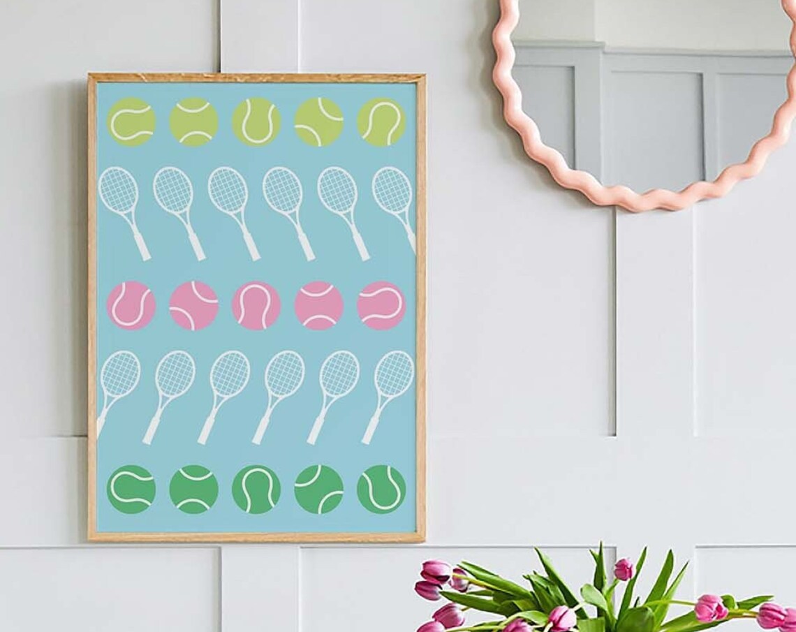 Tennis Racket Ball Pattern Blue Pink Pastel Sporty Wall Poster