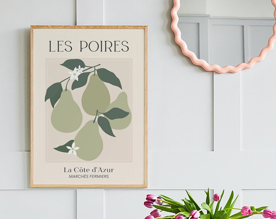 Vintage Les Poires Green Pears French Market Botanical Art Poster