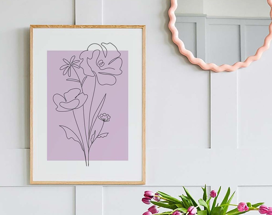Lavender Line Art Poppy Flowers Modern Minimalist Botanical Poster
