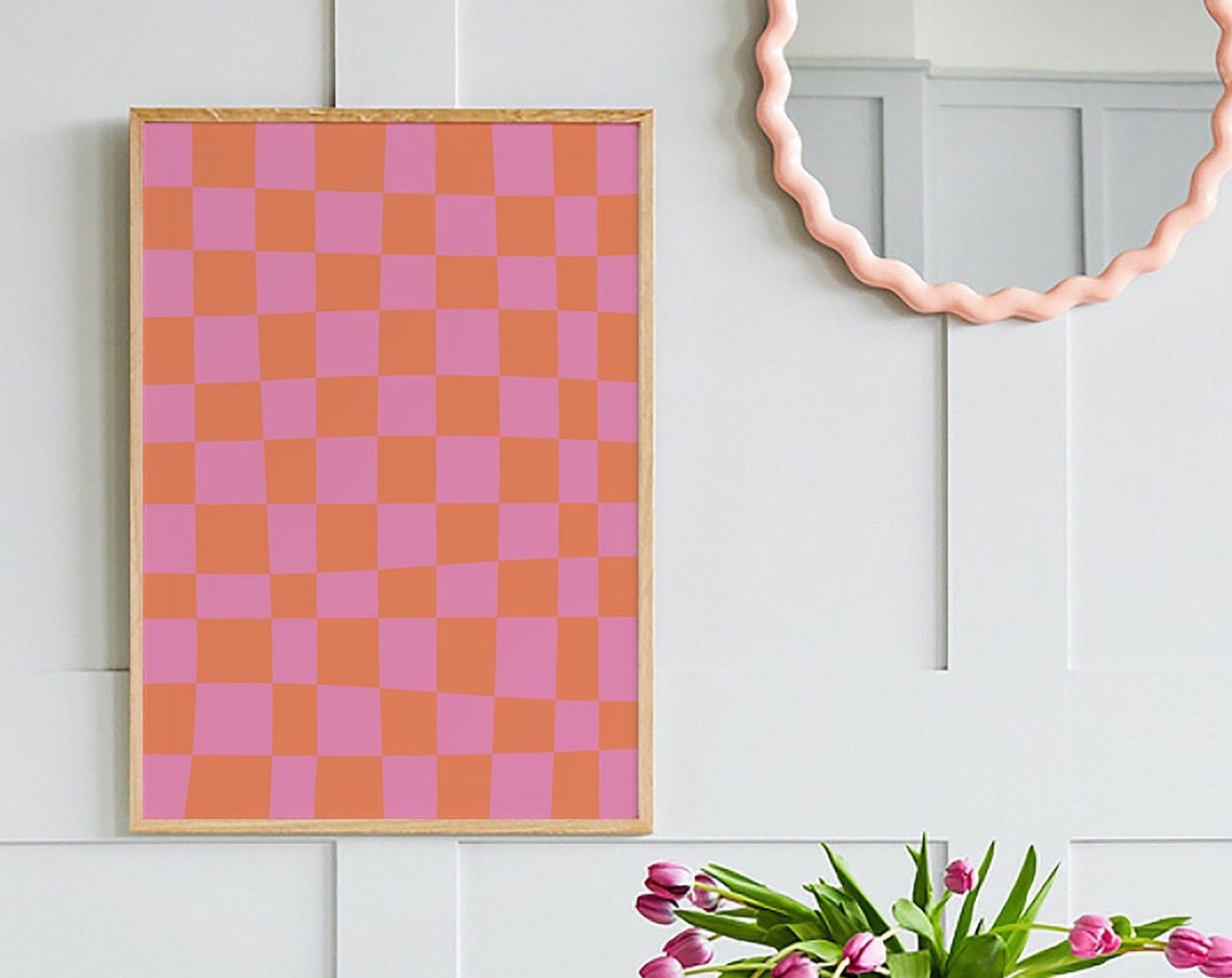 Pink And Orange Abstract Print Art Trendy Checkered Print 70s Retro Art Cute Trendy Wall Art - Image 6