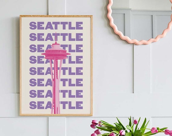 Seattle Travel Print Art Seattle Space Needle Travel Exhibition Print Cute Trendy Pink Purple Wall Art