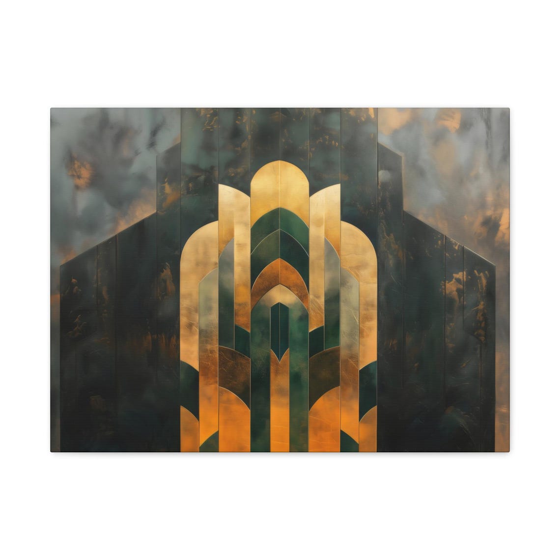 Emerald And Gold Art Deco Arch With Chevrons On Dark Smoke Print - Image 3