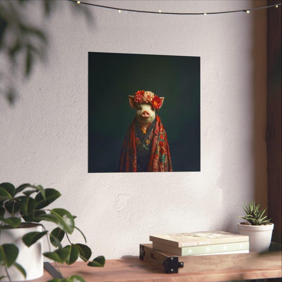 Maximalist Eclectic Fashionista Pig Poster Print Bold Altered Animal Portrait Fantasy Fun Colorful Flowery Rustic Vintage Floral Art