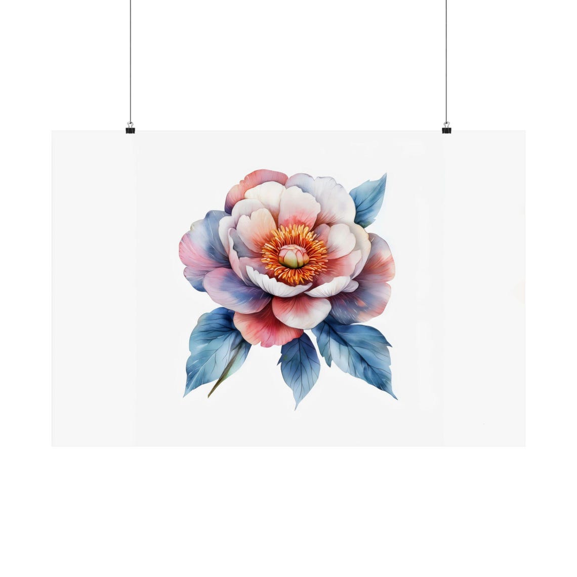 Blush Pink Peony Watercolor Orange Center Blue Leaves Poster
