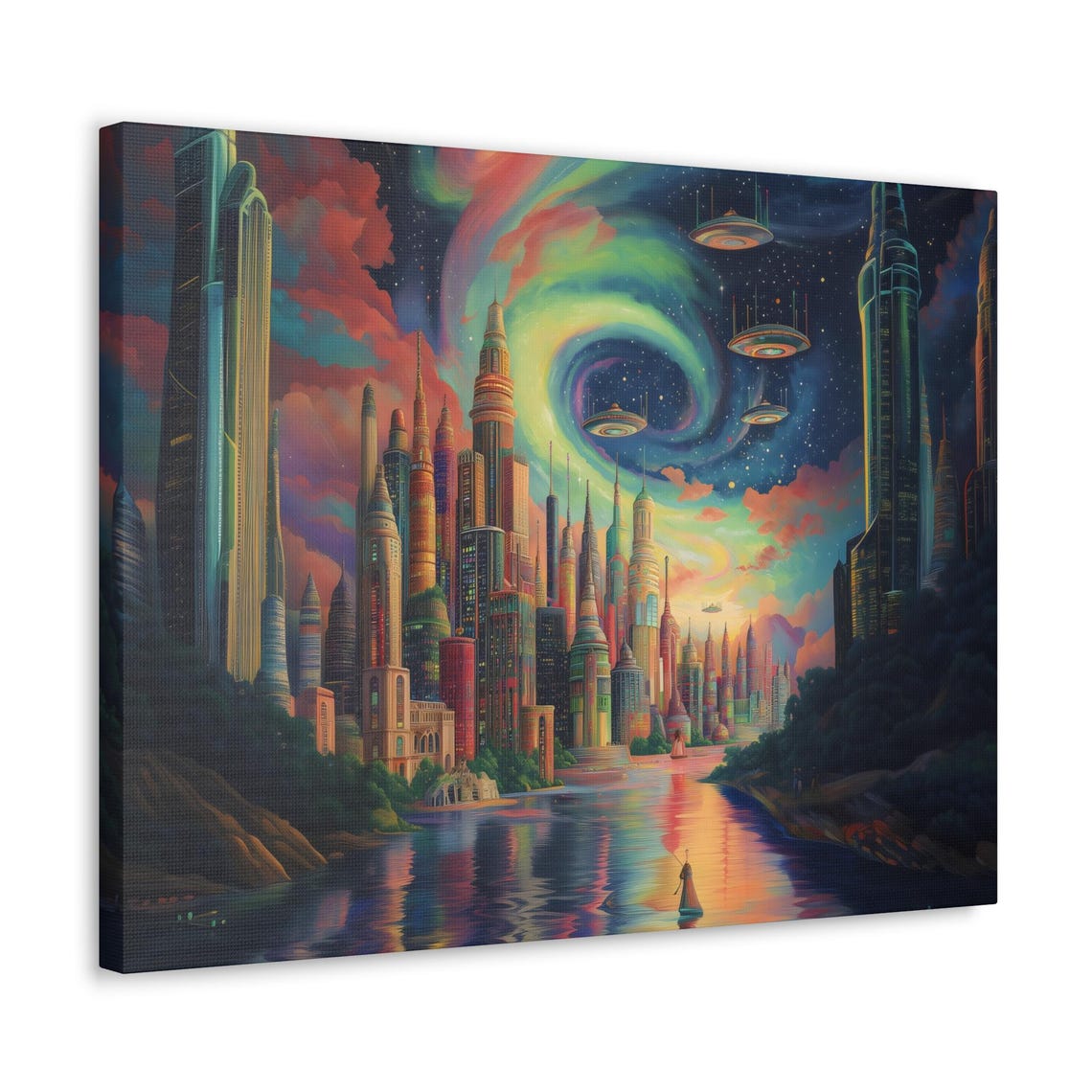 Futuristic City River UFO Invasion Aurora Night Sky Sci Fi Poster