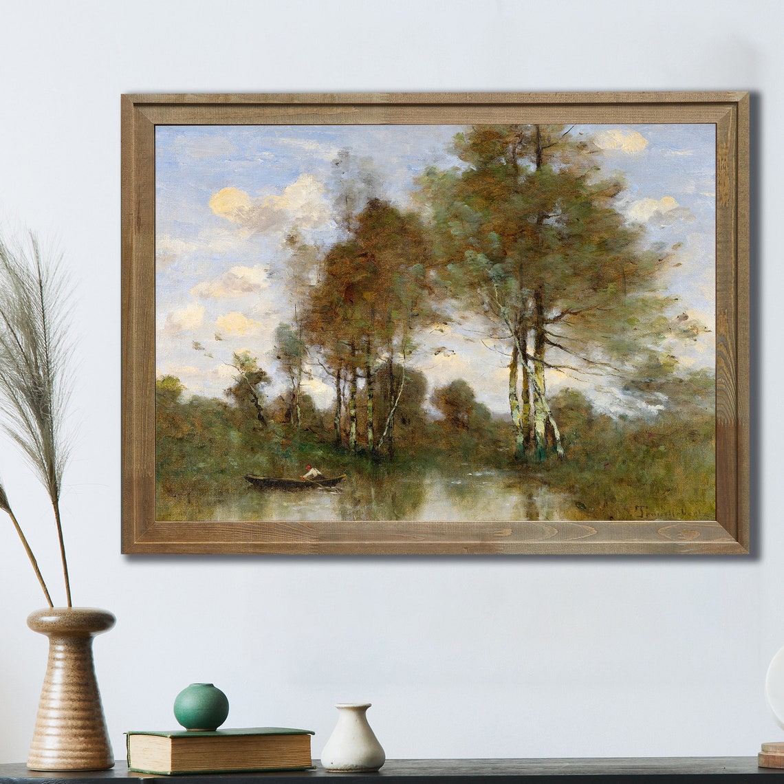 Vintage Oil Painting Poplar Pond Rowboat Blue Sky Clouds Art Poster - Image 3