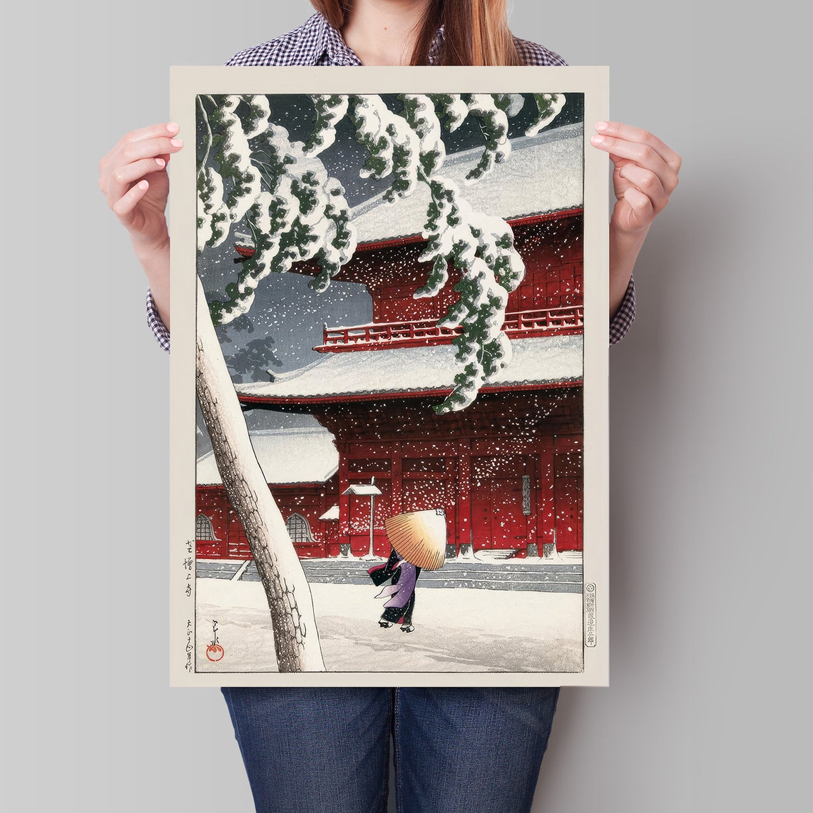 Japanese Red Pagoda Snow Winter Woodblock Style Snowfall Poster - Image 4