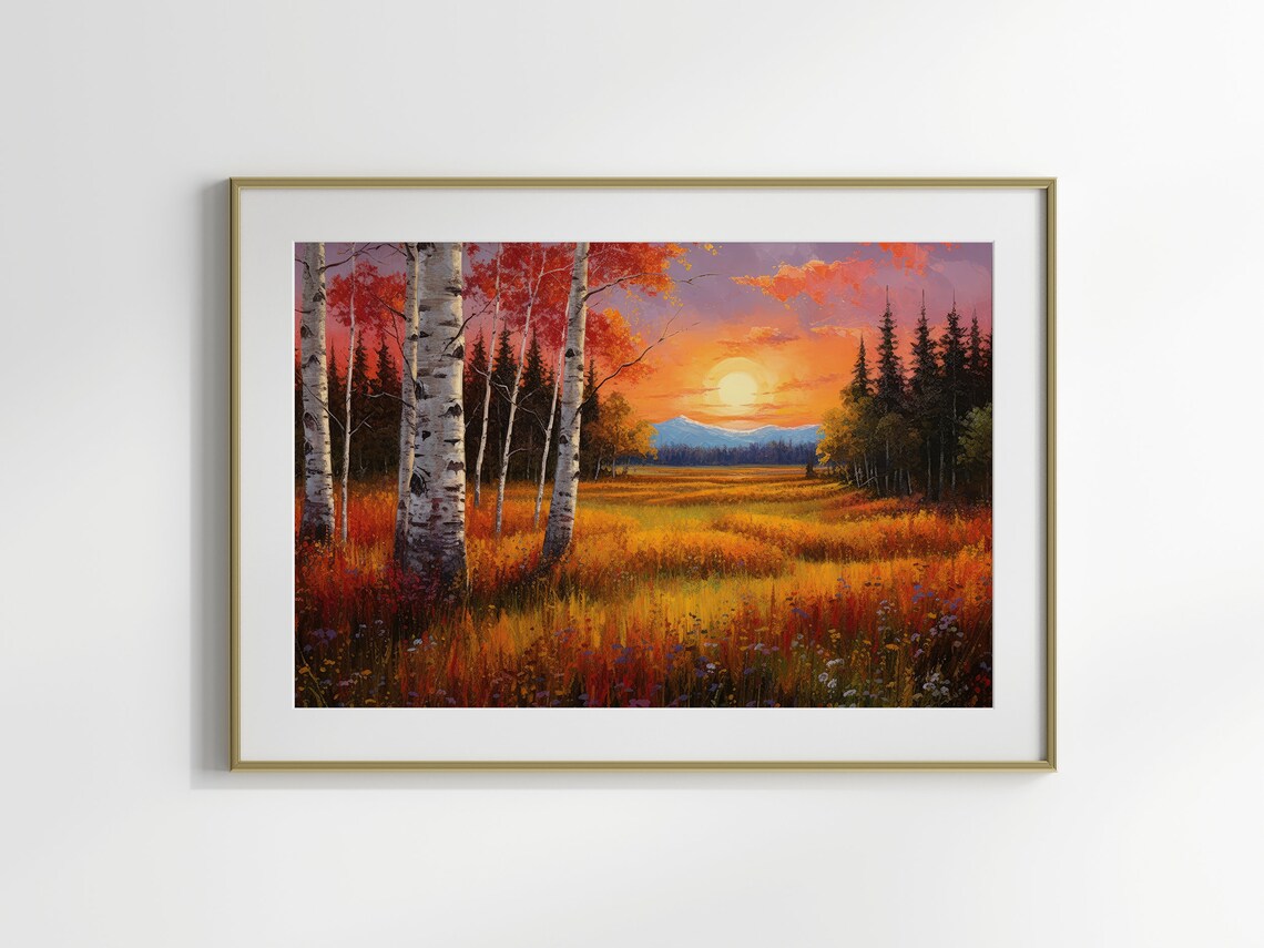 Fiery Autumn Birch Trees at Sunset Over Golden Meadow Poster