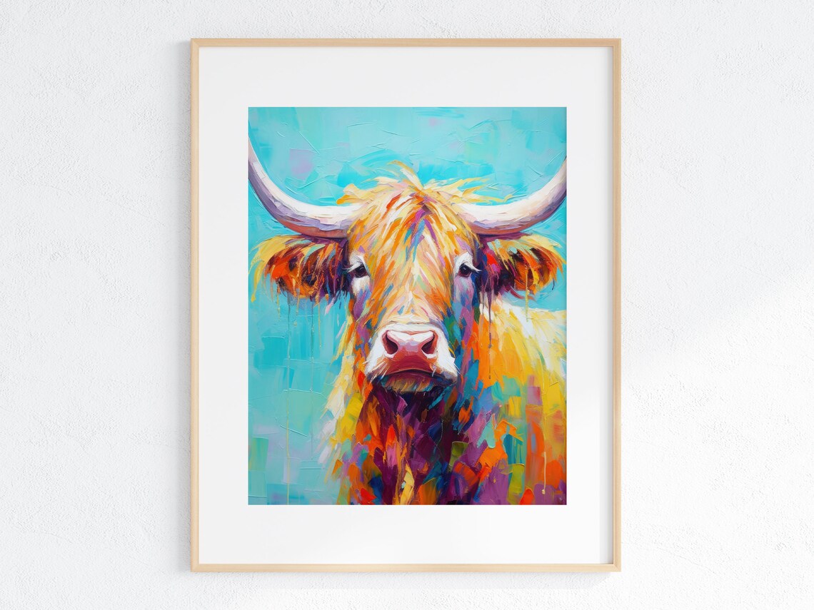 Colorful Shaggy Highland Cow on Vivid Turquoise Impasto Poster