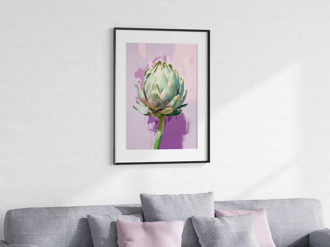 Fresh Green Artichoke Painterly Still Life on Lavender Kitchen Poster - Image 4