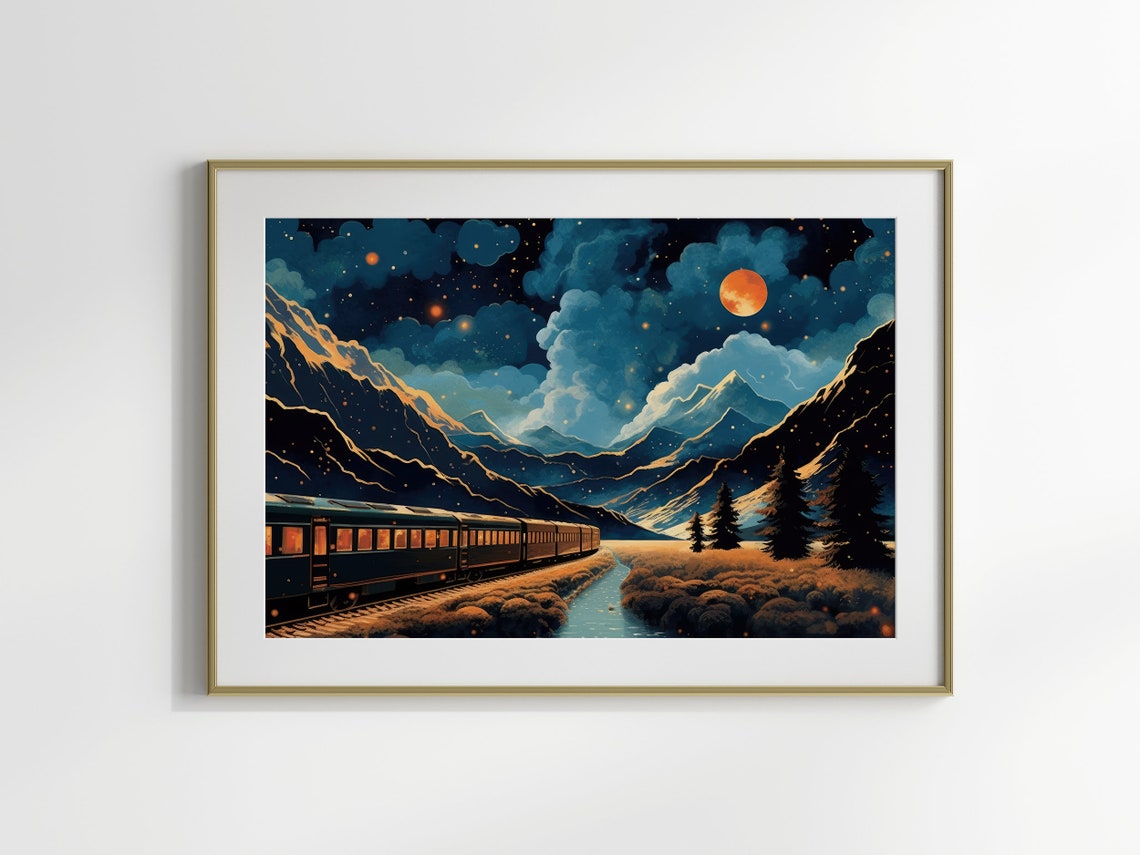 Glowing Night Train Journey Through Moonlit Mountains Pop Art Poster