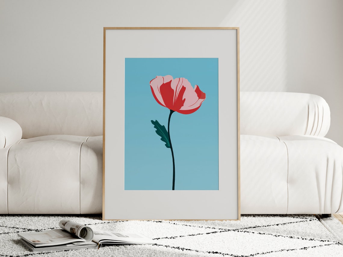 Poppy Flower Superflat Art Bold Red Poppy On Blue Background Modern Poster Style - Image 5