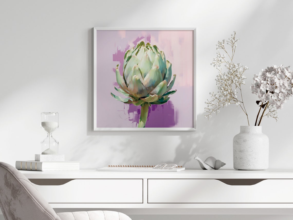 Fresh Green Artichoke Painterly Still Life on Lavender Kitchen Poster - Image 3