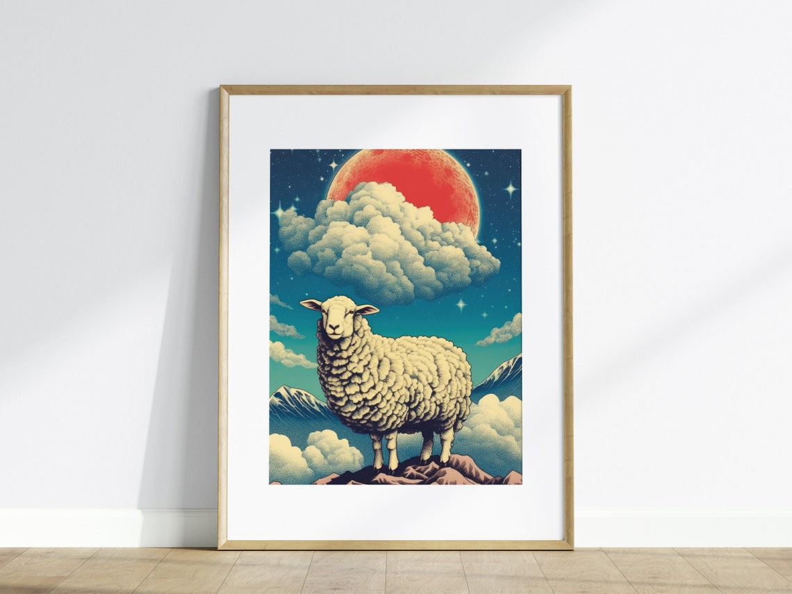 Sheep Under Giant Red Moon in Starry Mountain Night Sky Poster - Image 3