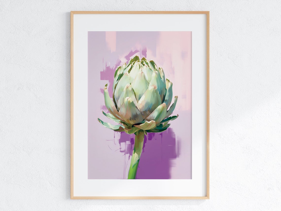 Fresh Green Artichoke Painterly Still Life on Lavender Kitchen Poster
