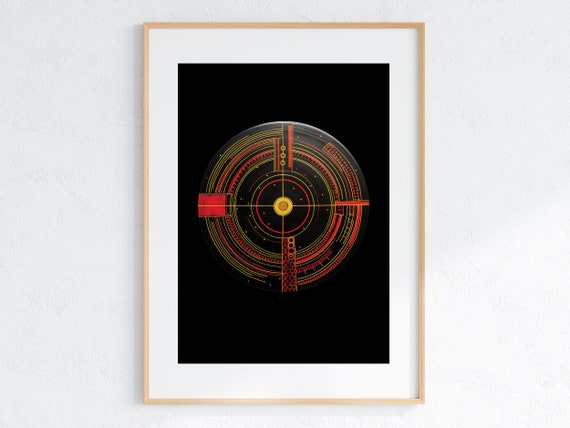 Vibrant Abstract Geometric Artwork Energetic Red Yellow Circle On Black Backdrop Modern Wall Decor Print